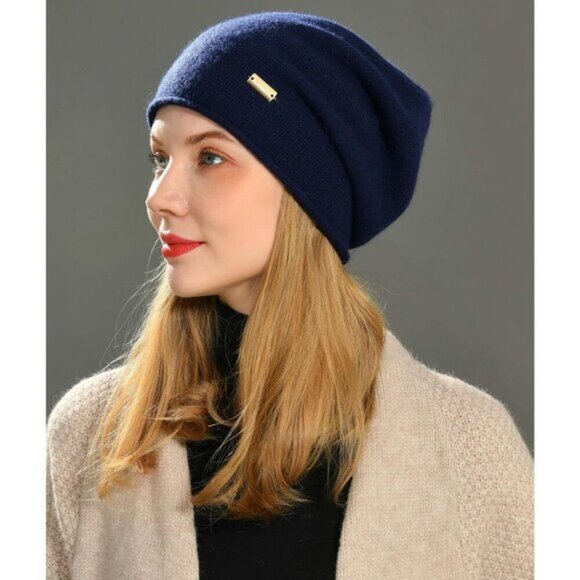 Women's Navy 50%Acrylic,30%Viscose,20%Angora jaxmonoy Slouchy Knit Beanie Hat - Picture 5 of 6